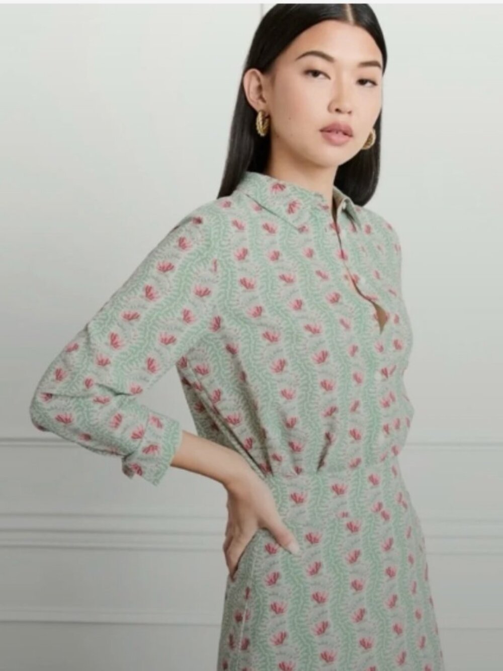 HILL HOUSE (NWT) The James Button-Down Shirt in Floral Vine, Mint/Coral, Size S